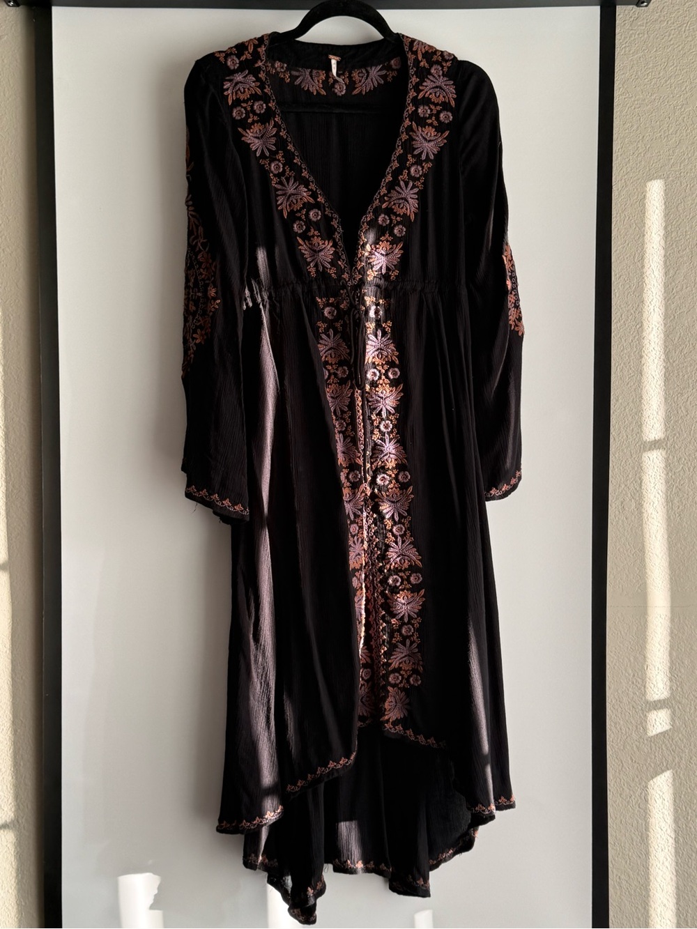 Free People Black Embroidered Boho Duster Dress with Rose Gold Floral Trim XS